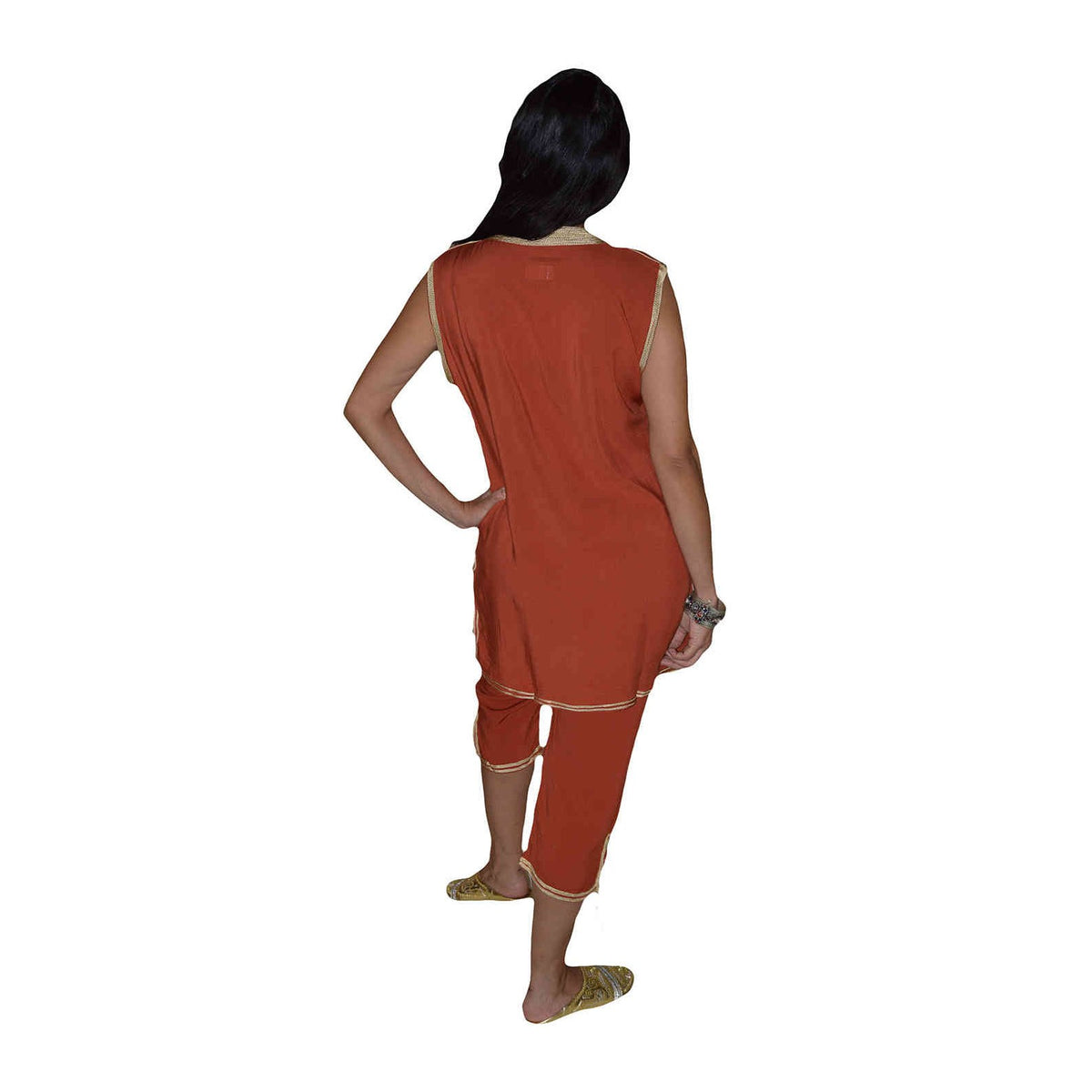 Chaima Moroccan Woman Tunic and Pants Set - Dark Orange