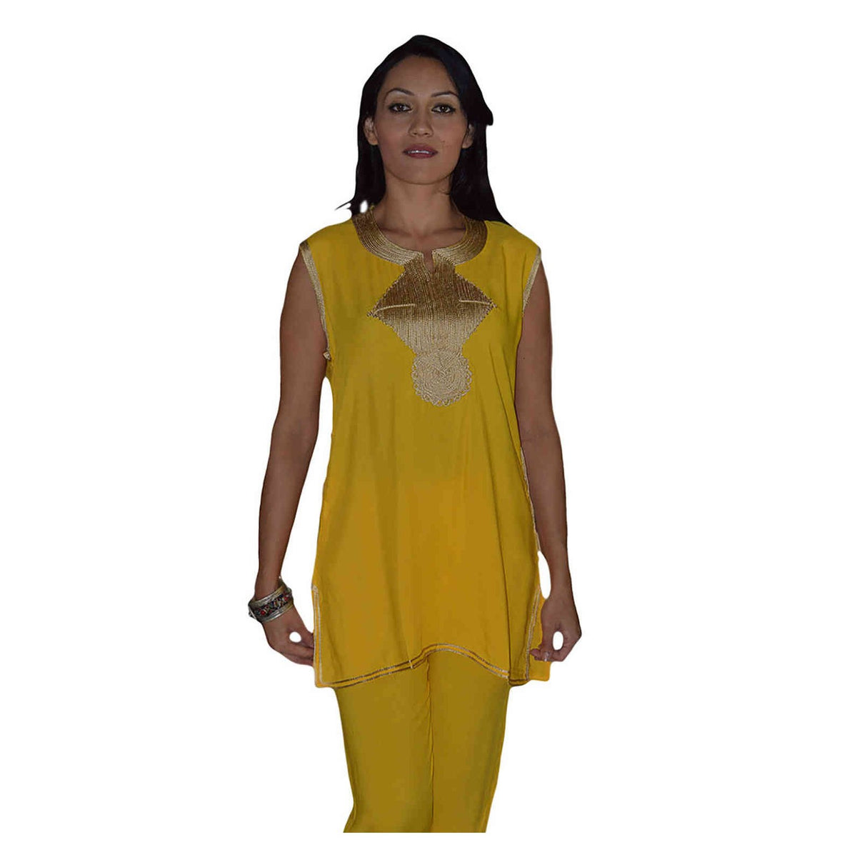 Chaima Moroccan Woman Tunic and Pants Set - Yellow