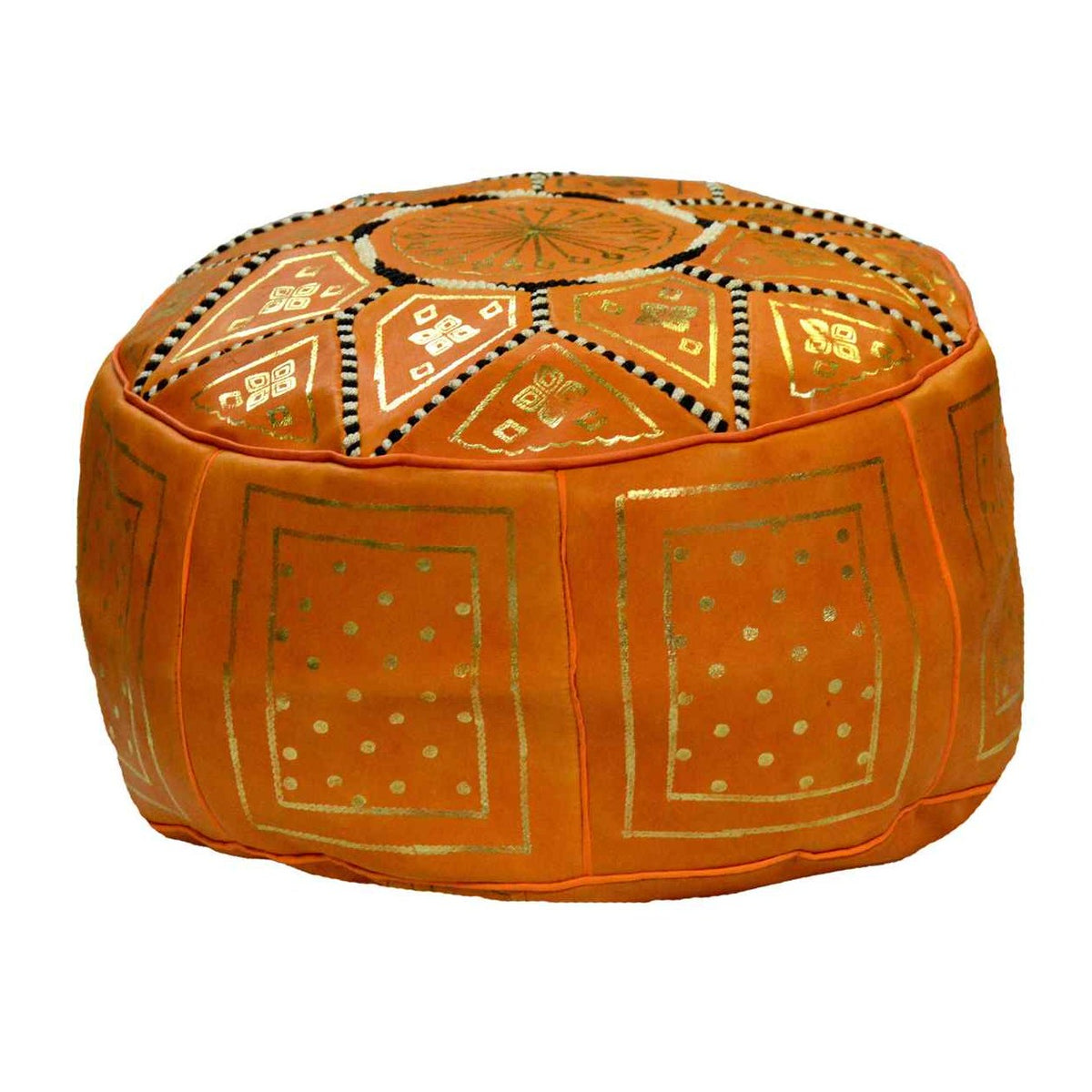 Leather Moroccan Handmade Pouf - Orange