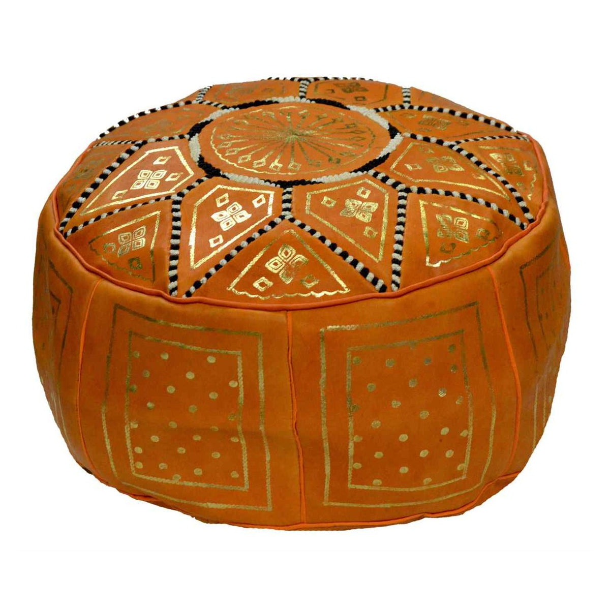 Leather Moroccan Handmade Pouf - Orange