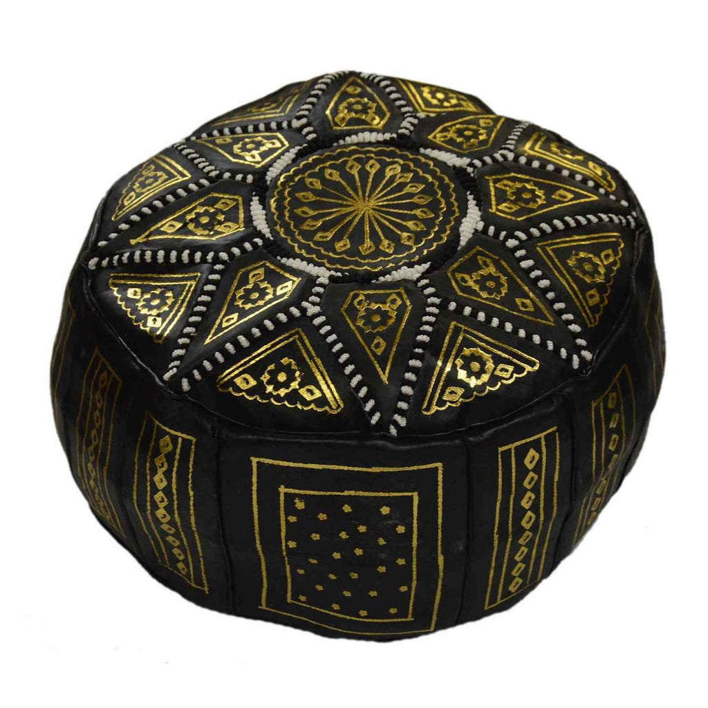 Leather Moroccan Handmade Pouf - Black