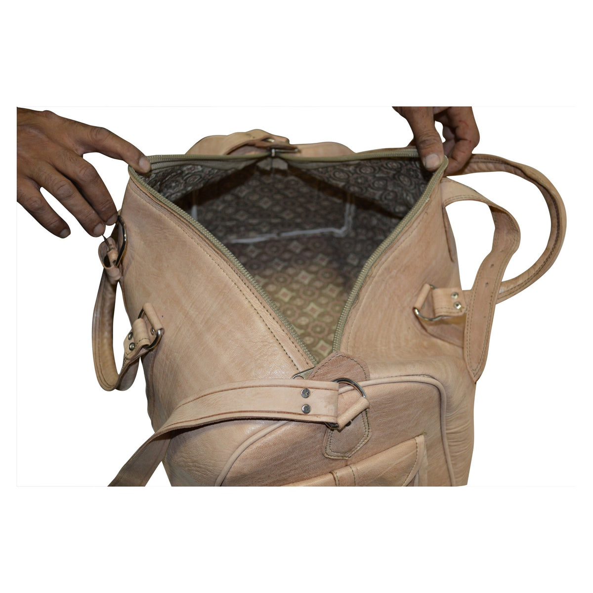 Moroccan Large Duffle Handmade Leather Bag Carryall - Beige