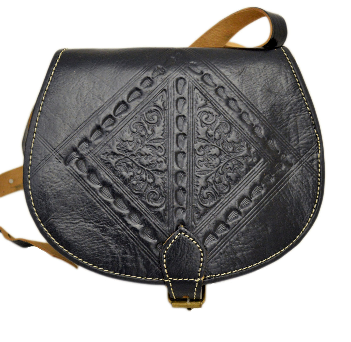 Hajar Leather Crossbody Purse Carved - Black