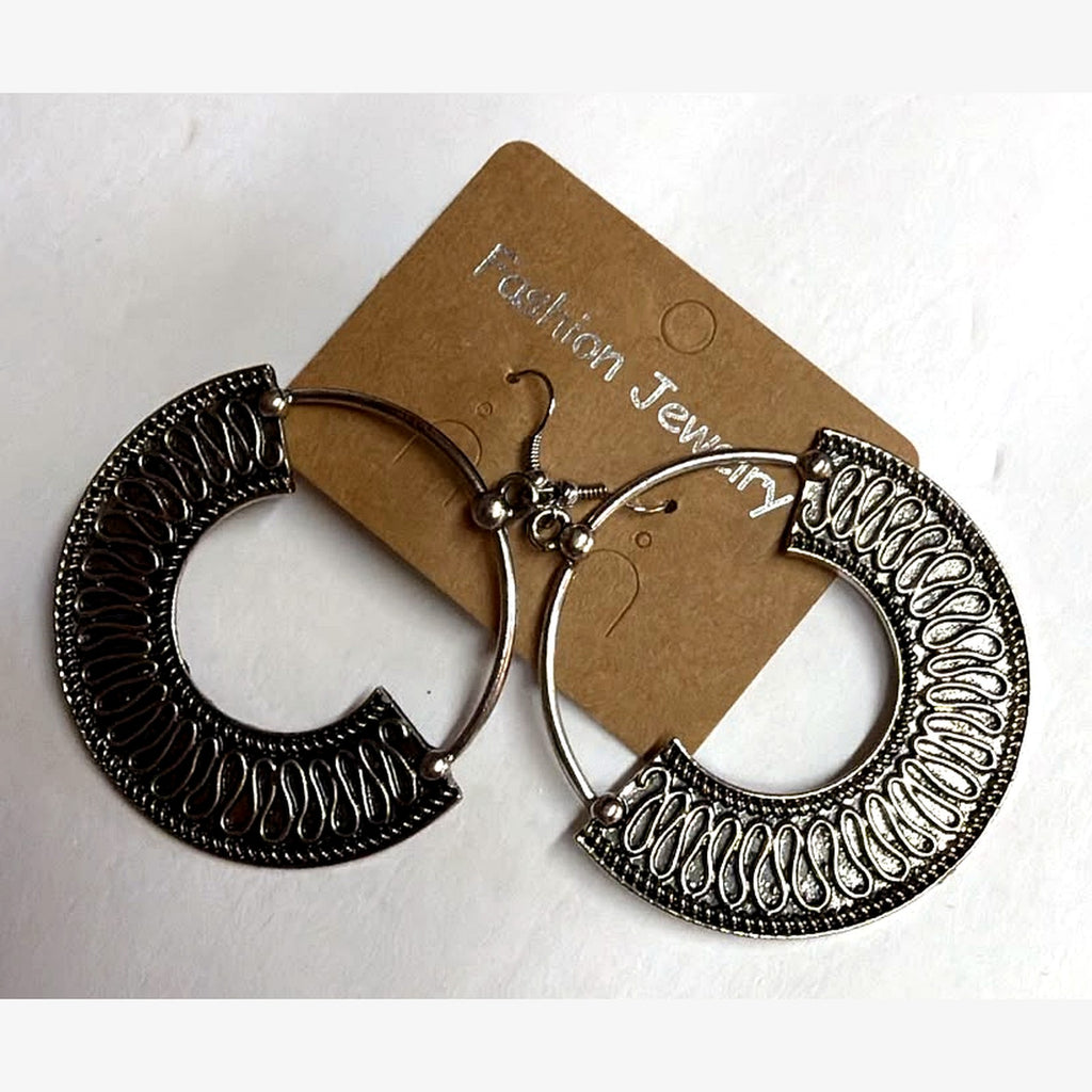 Half Moon Engraved Hoop Earrings Silver