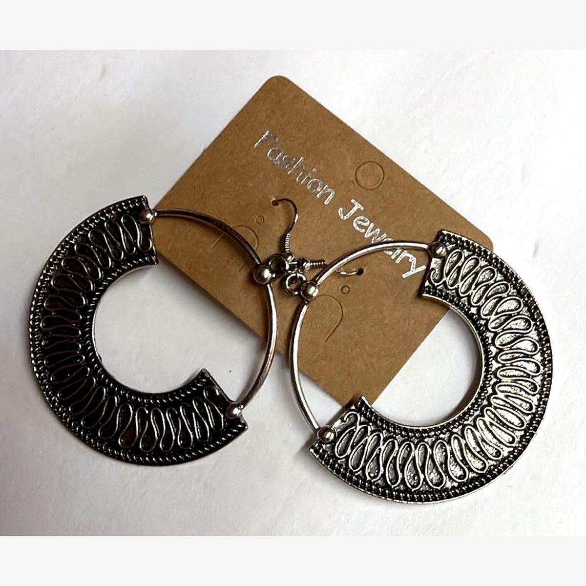 Half Moon Engraved Hoop Earrings Silver