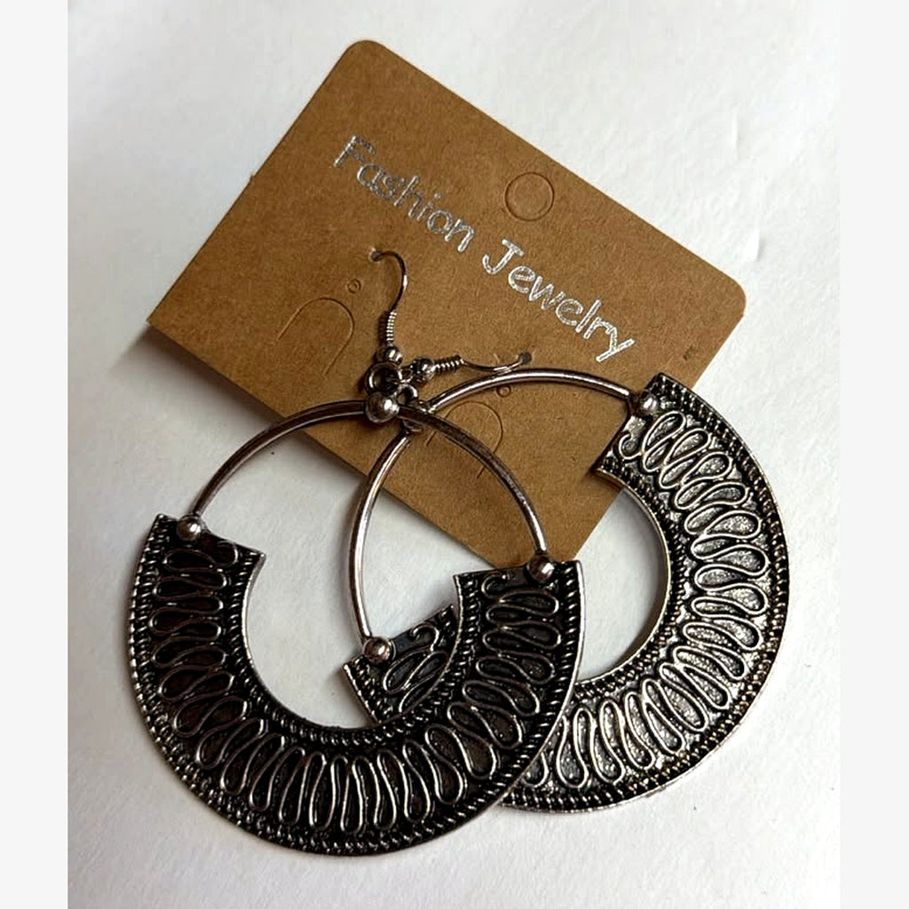 Half Moon Engraved Hoop Earrings Silver