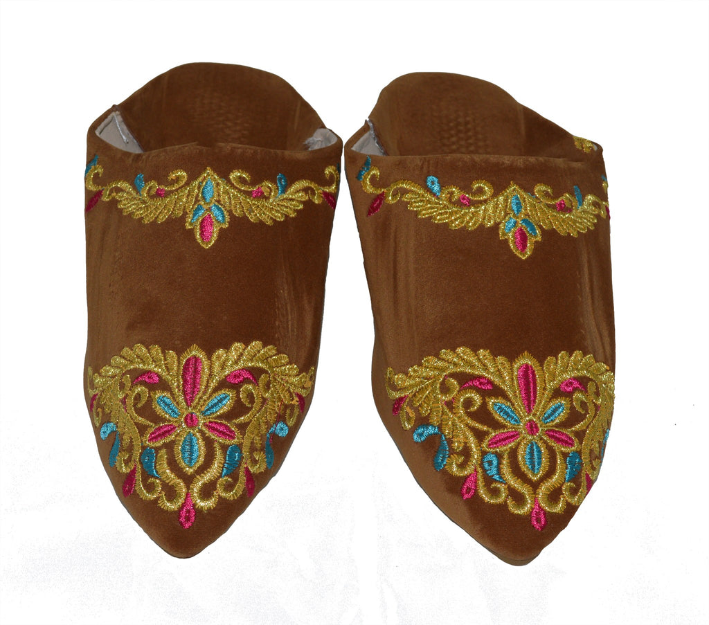 Halima Moroccan Velvet Babouche Slippers - Brown