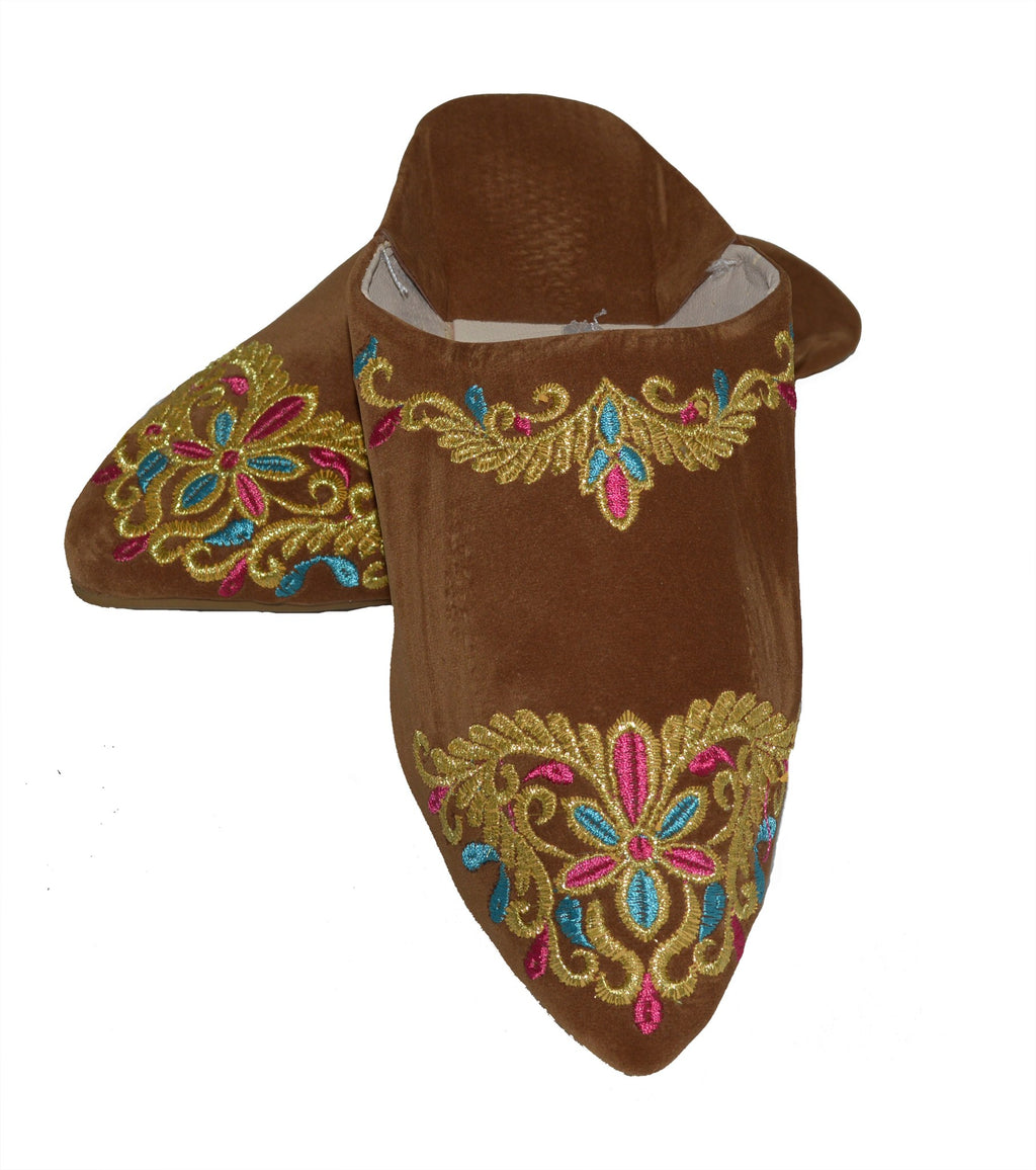 Halima Moroccan Velvet Babouche Slippers - Brown