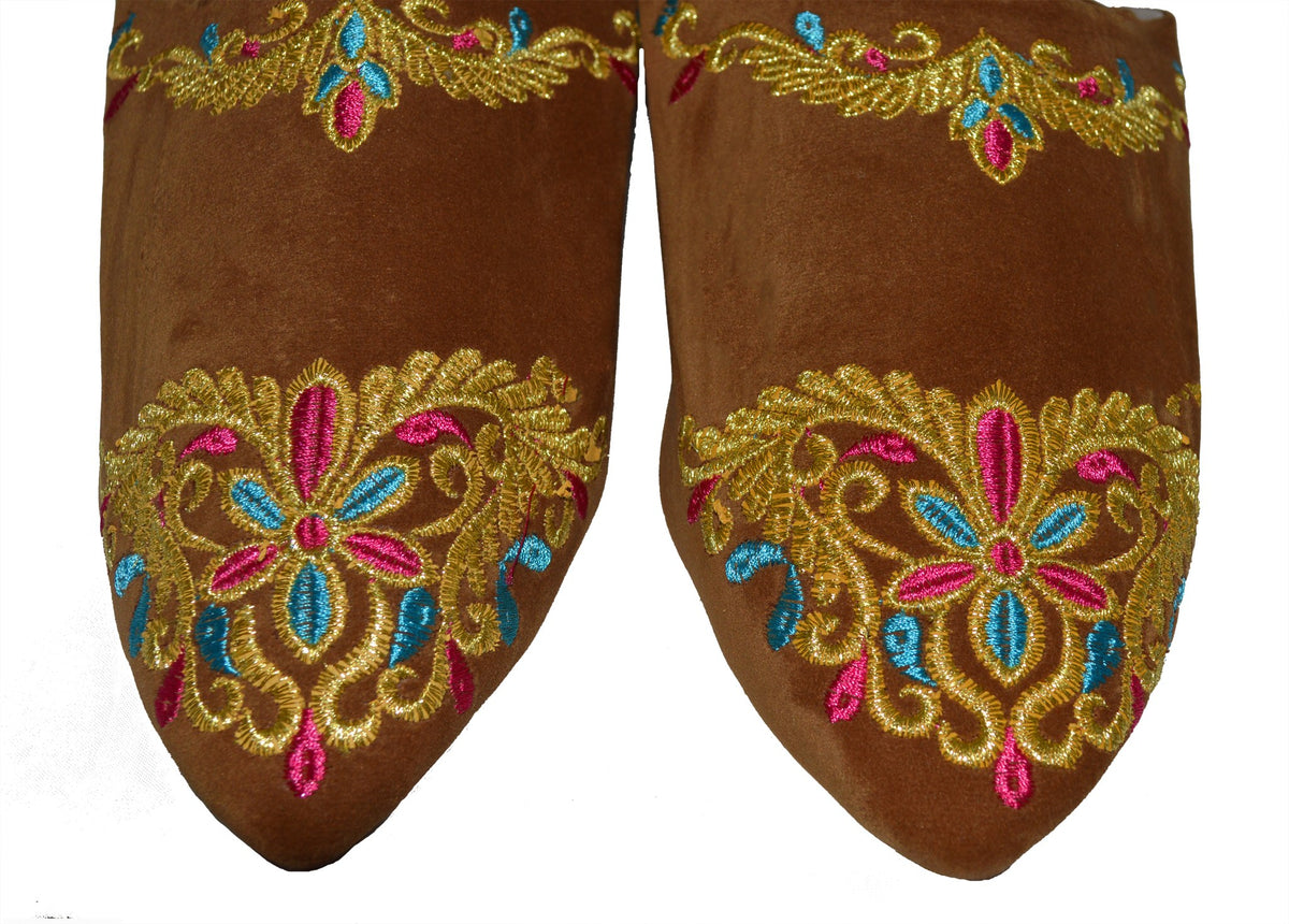 Halima Moroccan Velvet Babouche Slippers - Brown