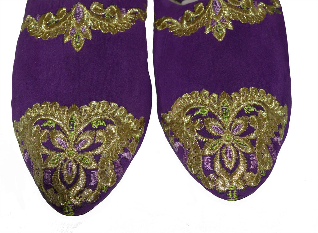 Halima Moroccan Velvet Babouche Slippers Purple Gold