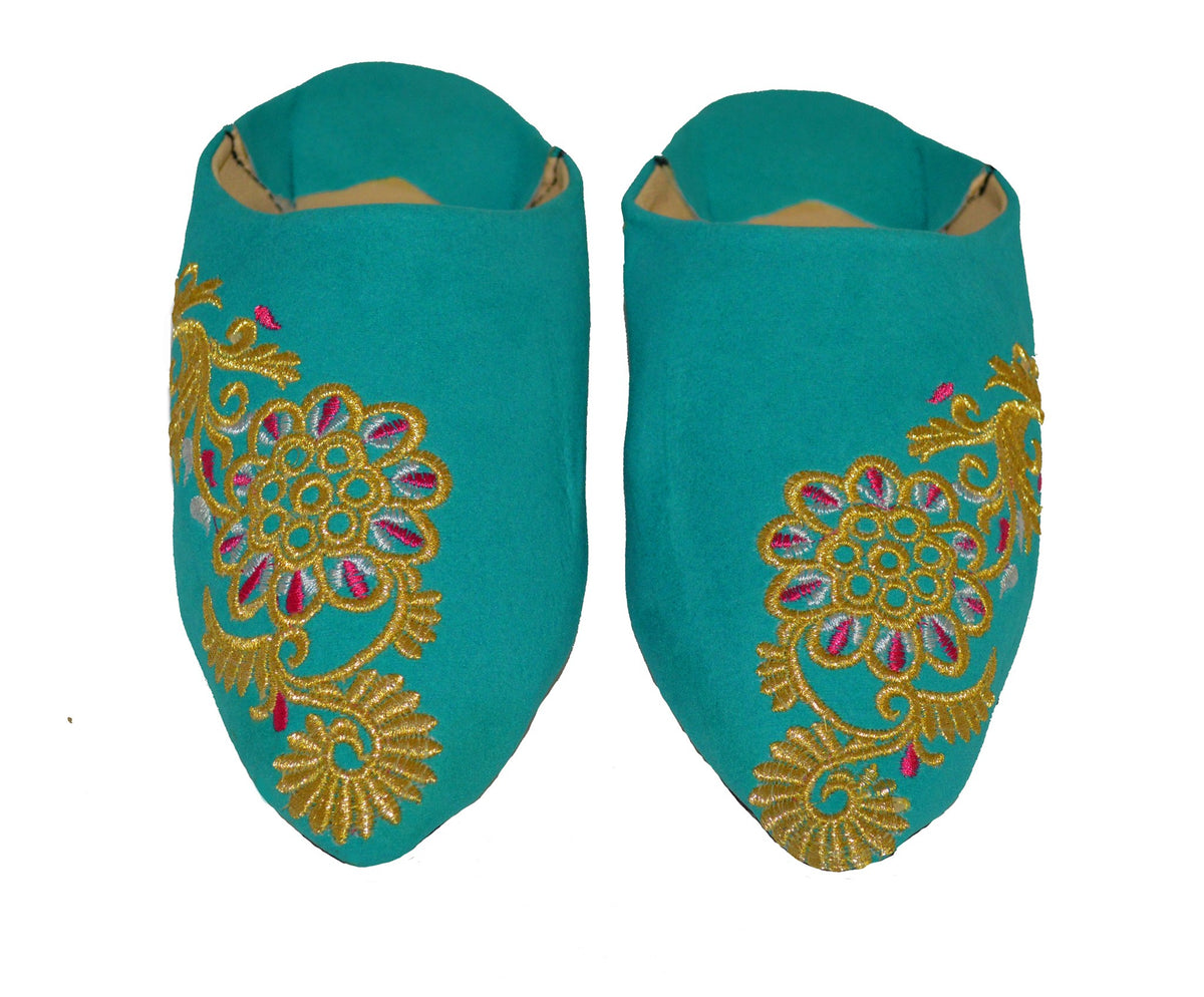 Halima Moroccan Velvet Flower Babouche Slippers - Teal