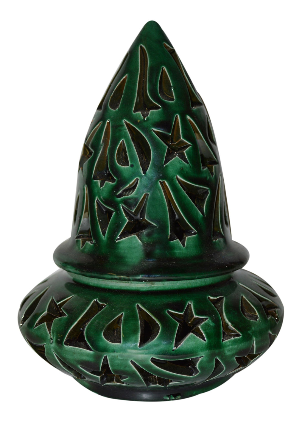 Hand Made Moroccan Green Ceramic Carved Cone Candle Holder