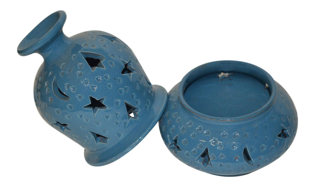 Hand Made Moroccan Light Blue Ceramic Gourd Candle Holder