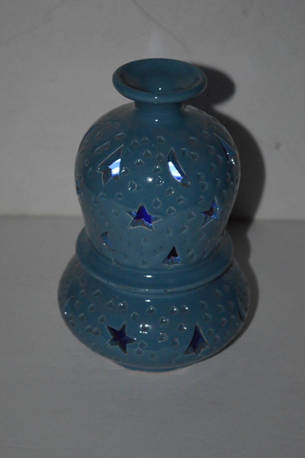 Hand Made Moroccan Light Blue Ceramic Gourd Candle Holder