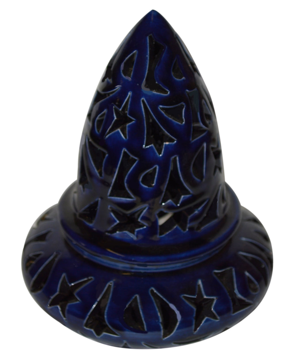 Hand Made Moroccan Navy Ceramic Carved Cone Candle Holder