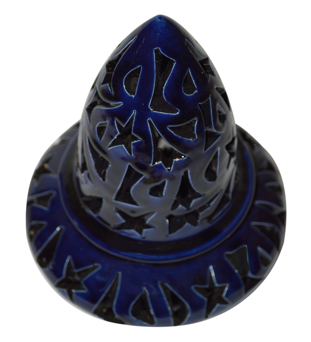 Hand Made Moroccan Navy Ceramic Carved Cone Candle Holder