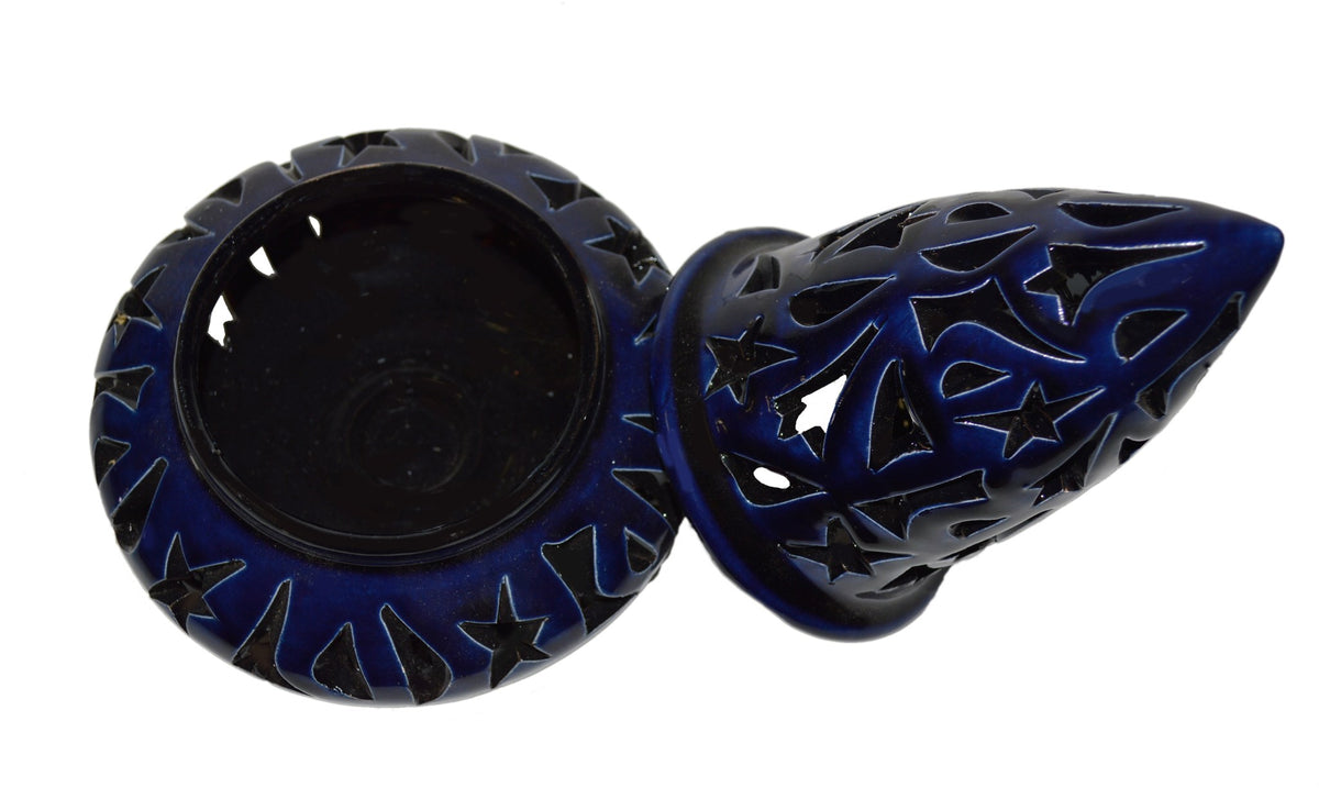 Hand Made Moroccan Navy Ceramic Carved Cone Candle Holder