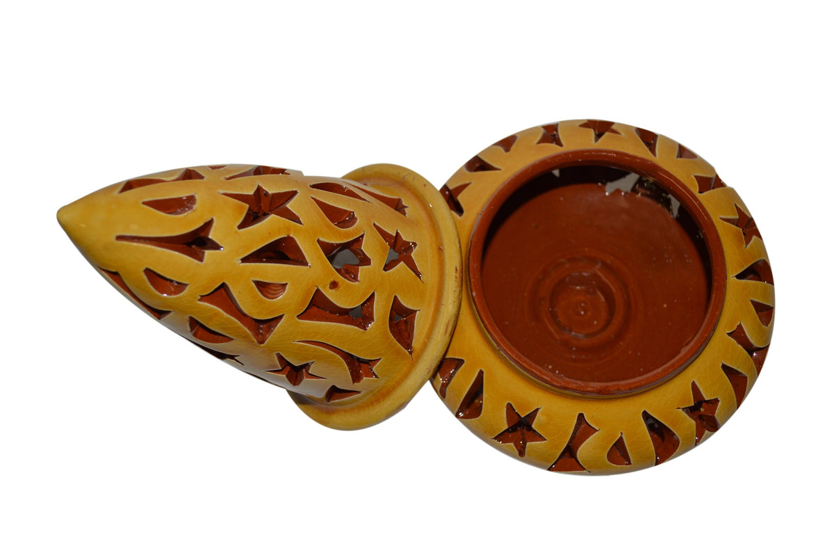 Hand Made Moroccan Yellow Ceramic Carved Cone Candle Holder