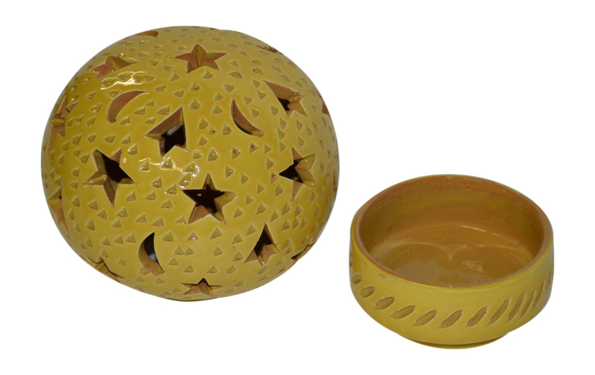 Hand Made Moroccan Yellow Ceramic Globe Candle Holder