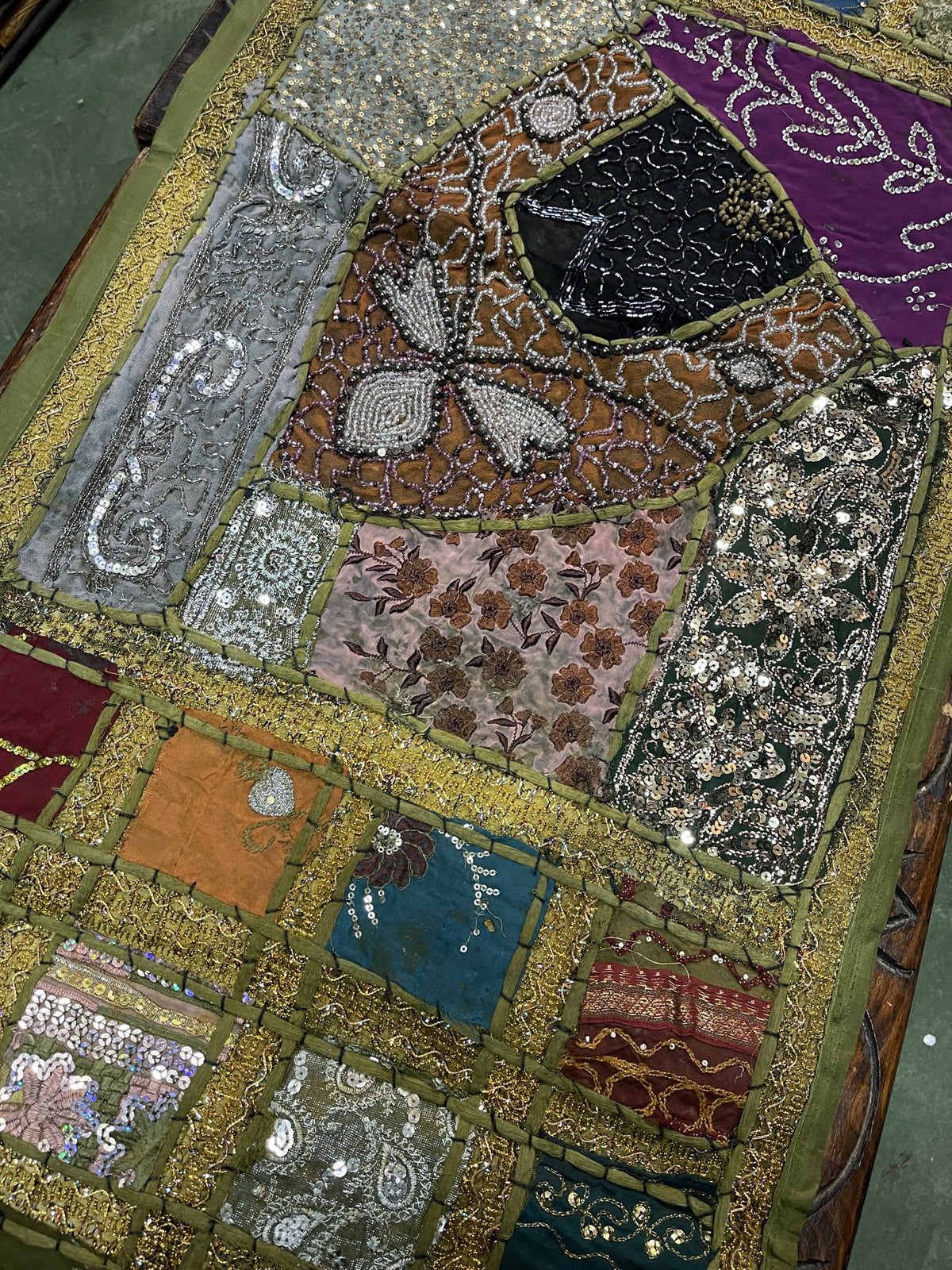 Indian Long Table Runner Embroidered Patchwork - Olive