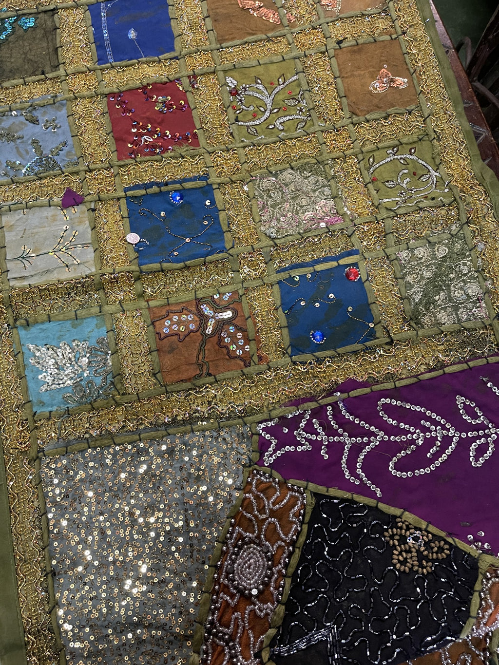 Indian Long Table Runner Embroidered Patchwork - Olive
