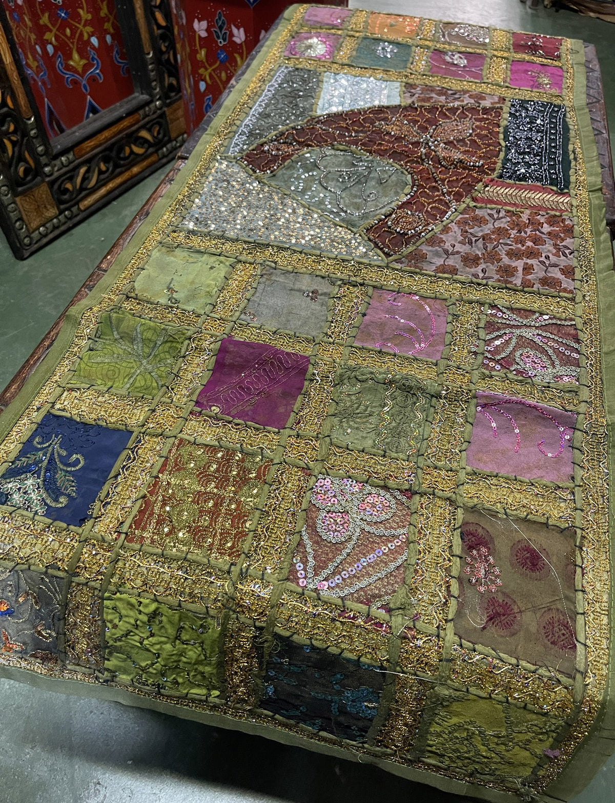 Indian Long Table Runner Embroidered Patchwork - Olive
