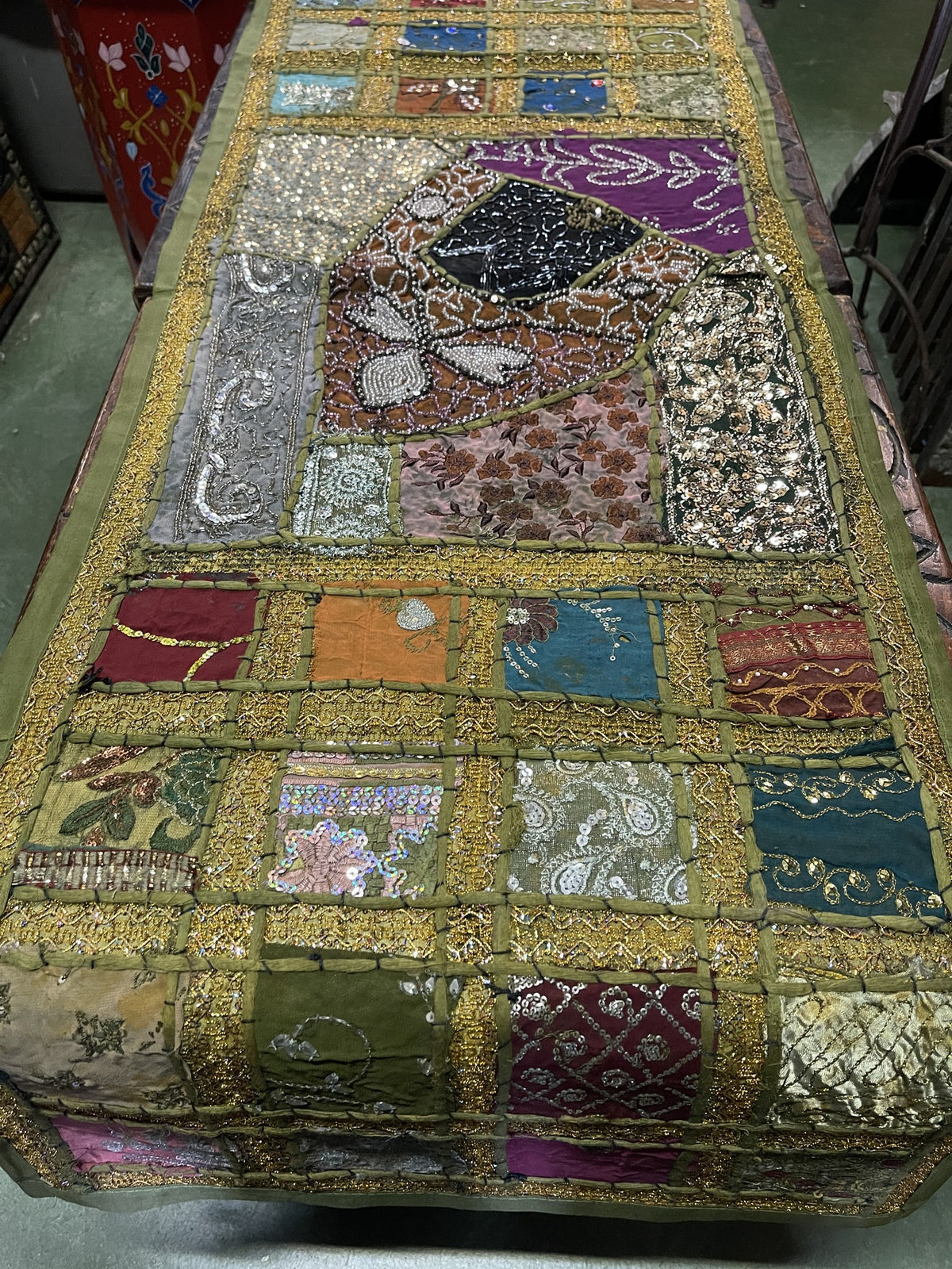 Indian Long Table Runner Embroidered Patchwork - Olive