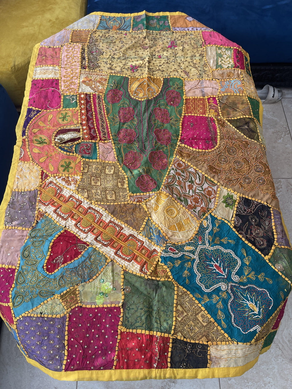 Indian Rectangle Table Runner Embroidered Patchwork - Yellow