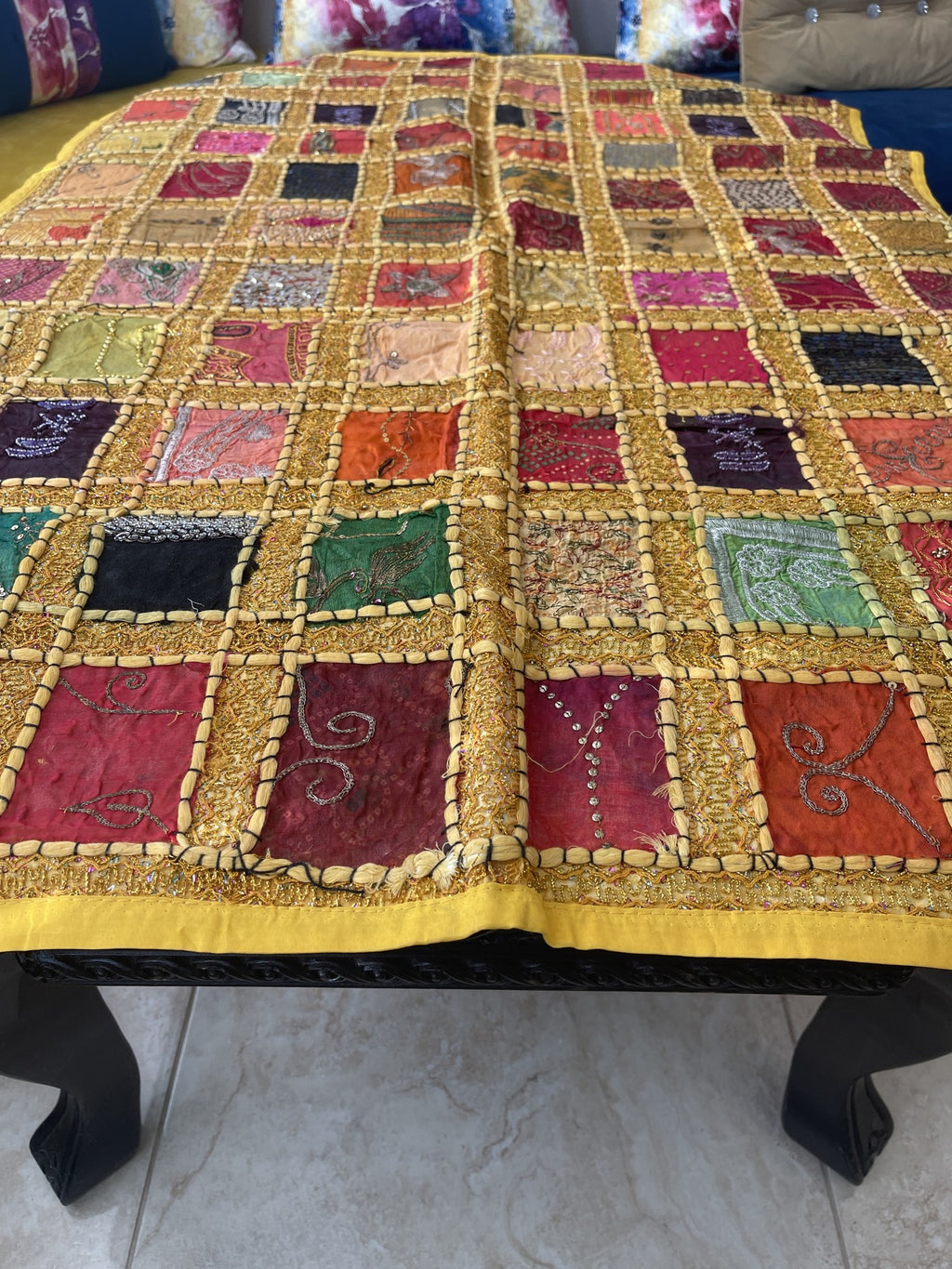 Indian Rectangle Table Runner Embroidered Patchwork - Yellow