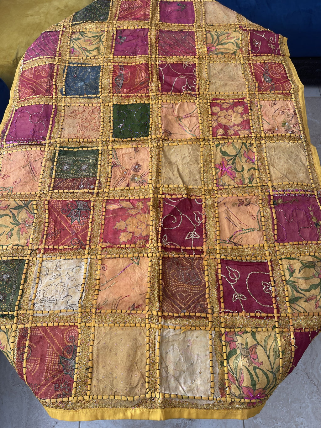 Indian Rectangle Table Runner Embroidered Patchwork - Yellow