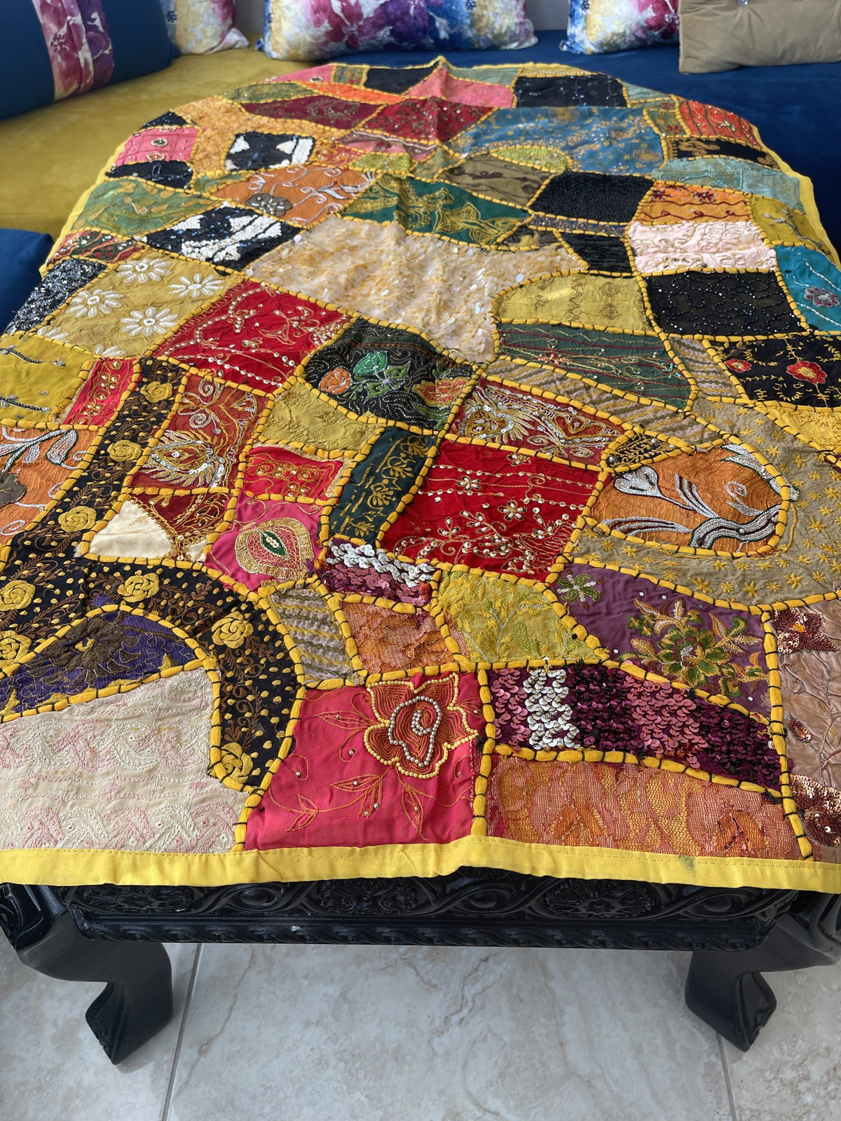 Indian Rectangle Table Runner Embroidered Patchwork - Yellow