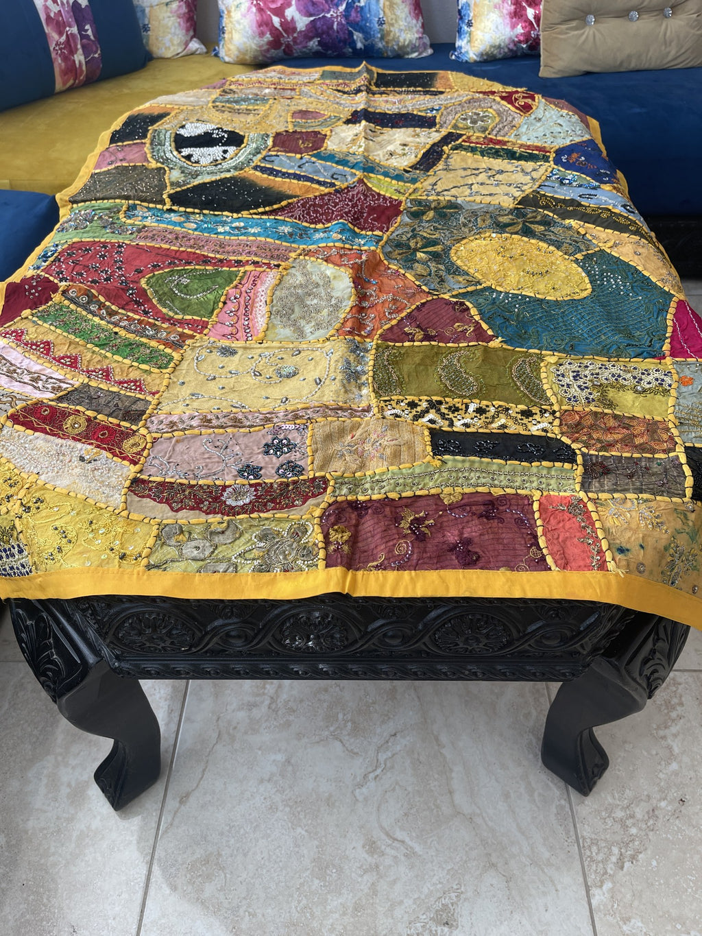 Indian Rectangle Table Runner Embroidered Patchwork - Yellow