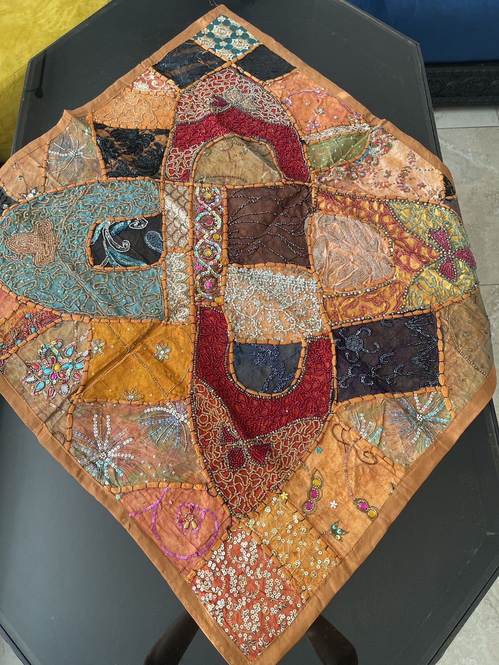 Indian Square Table Runner Embroidered Patchwork - Brown