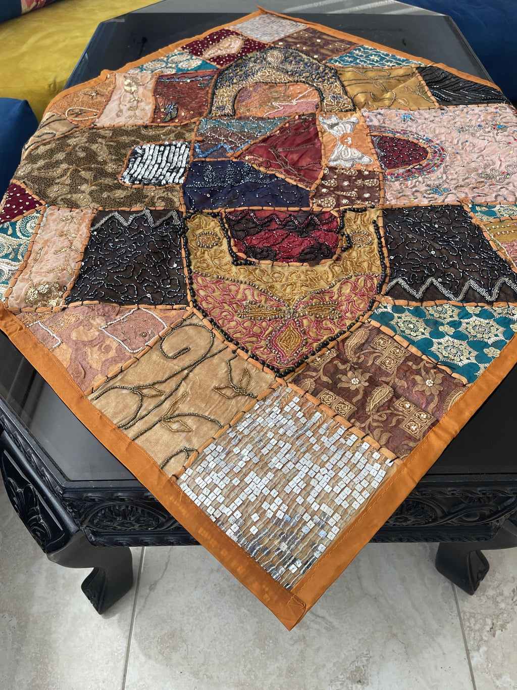 Indian Square Table Runner Embroidered Patchwork - Brown