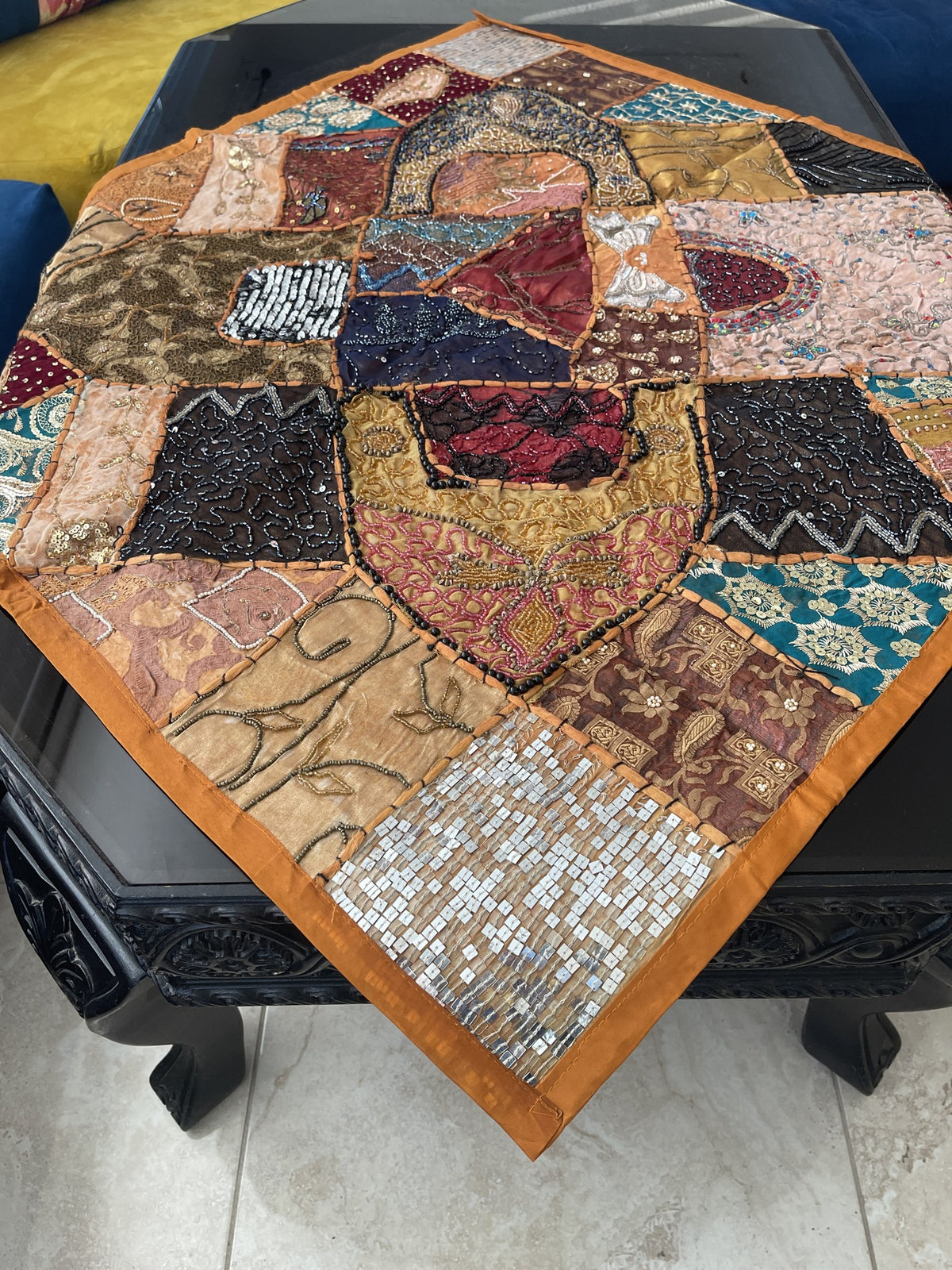 Indian Square Table Runner Embroidered Patchwork - Brown