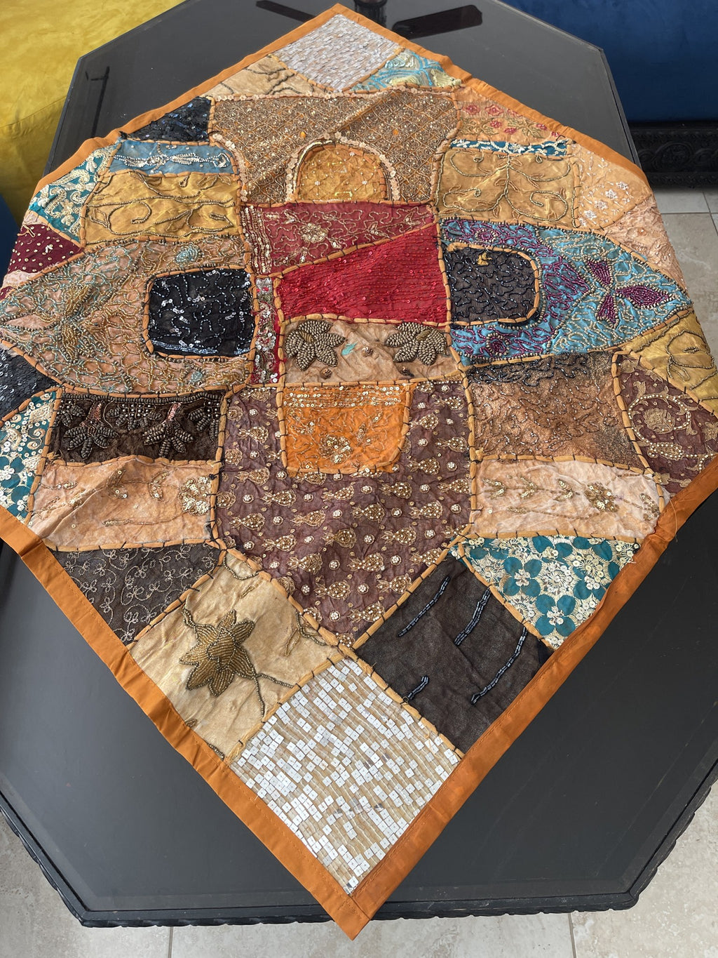 Indian Square Table Runner Embroidered Patchwork - Brown