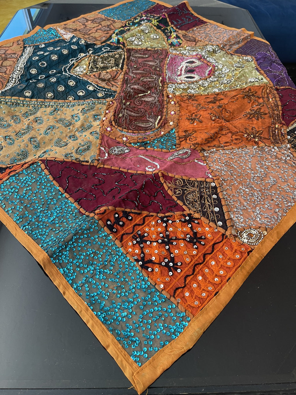 Indian Square Table Runner Embroidered Patchwork - Brown