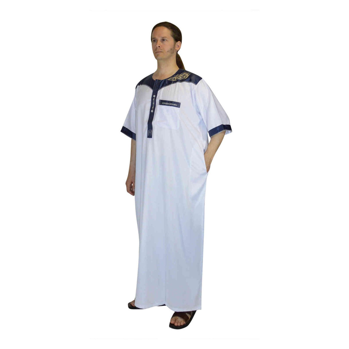 Men Thobe Saudi Style White With Blue Embroidery-8817