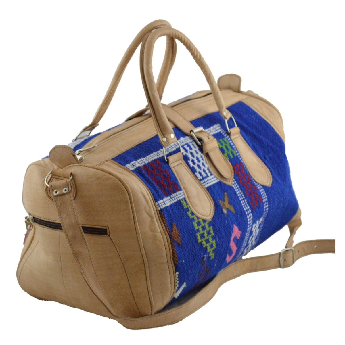 Moroccan Large Duffle Leather Bag with Kilim - Beige with Blue Kilim
