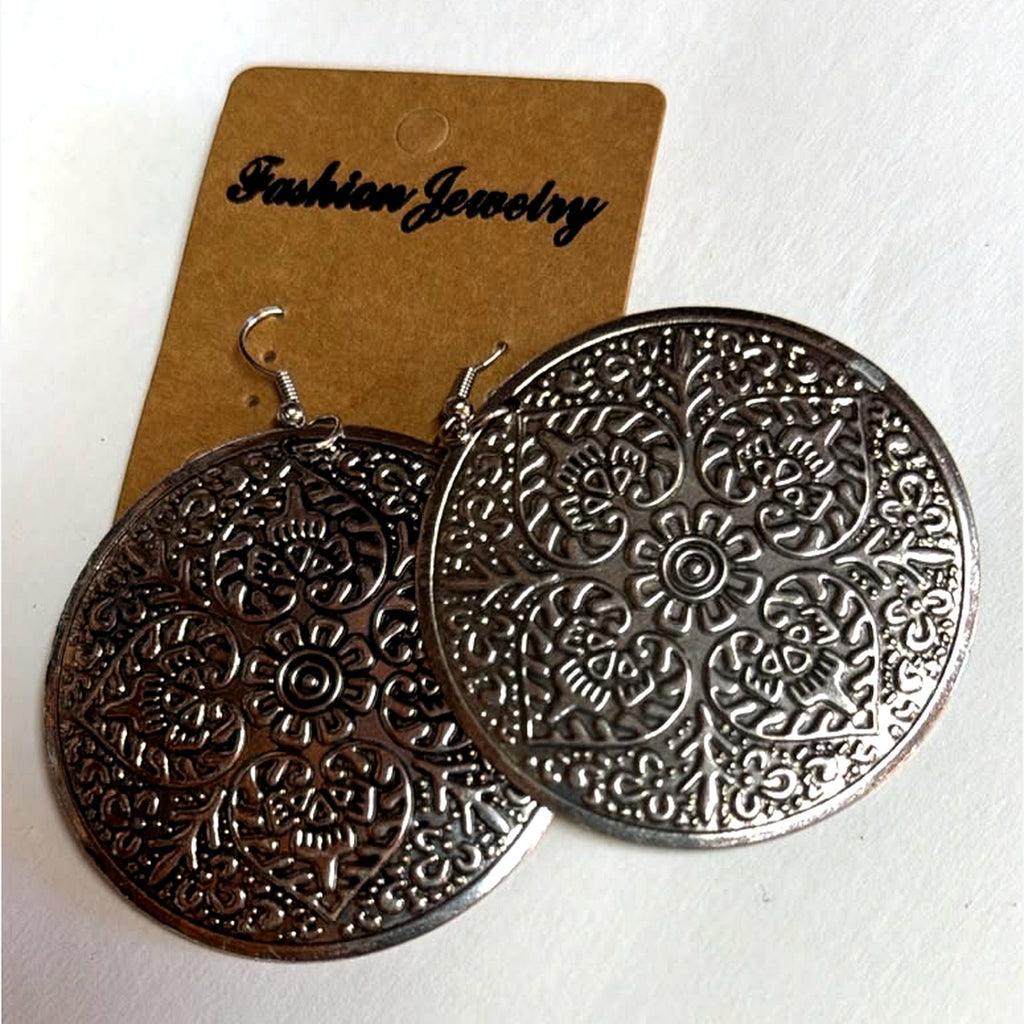 Love Engraved Round Disc Earrings Silver