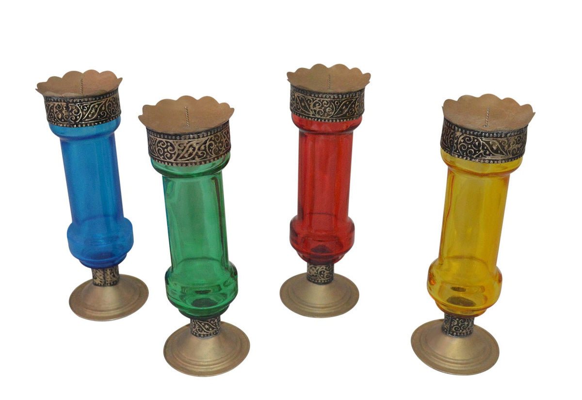 Moroccan Glass Candle Holders Set of 4 Large Multicolor