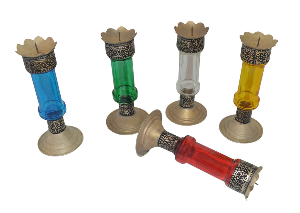 Moroccan Glass Candle Holders Set of 5 Small Multicolor