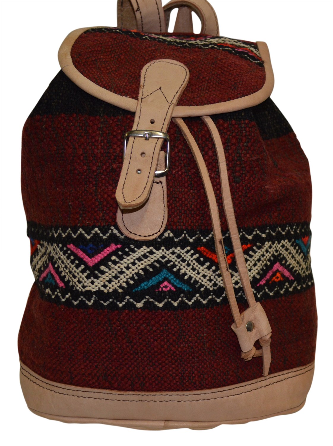 Moroccan Kilim Leather Backpack Beige with Burgundy Kilim