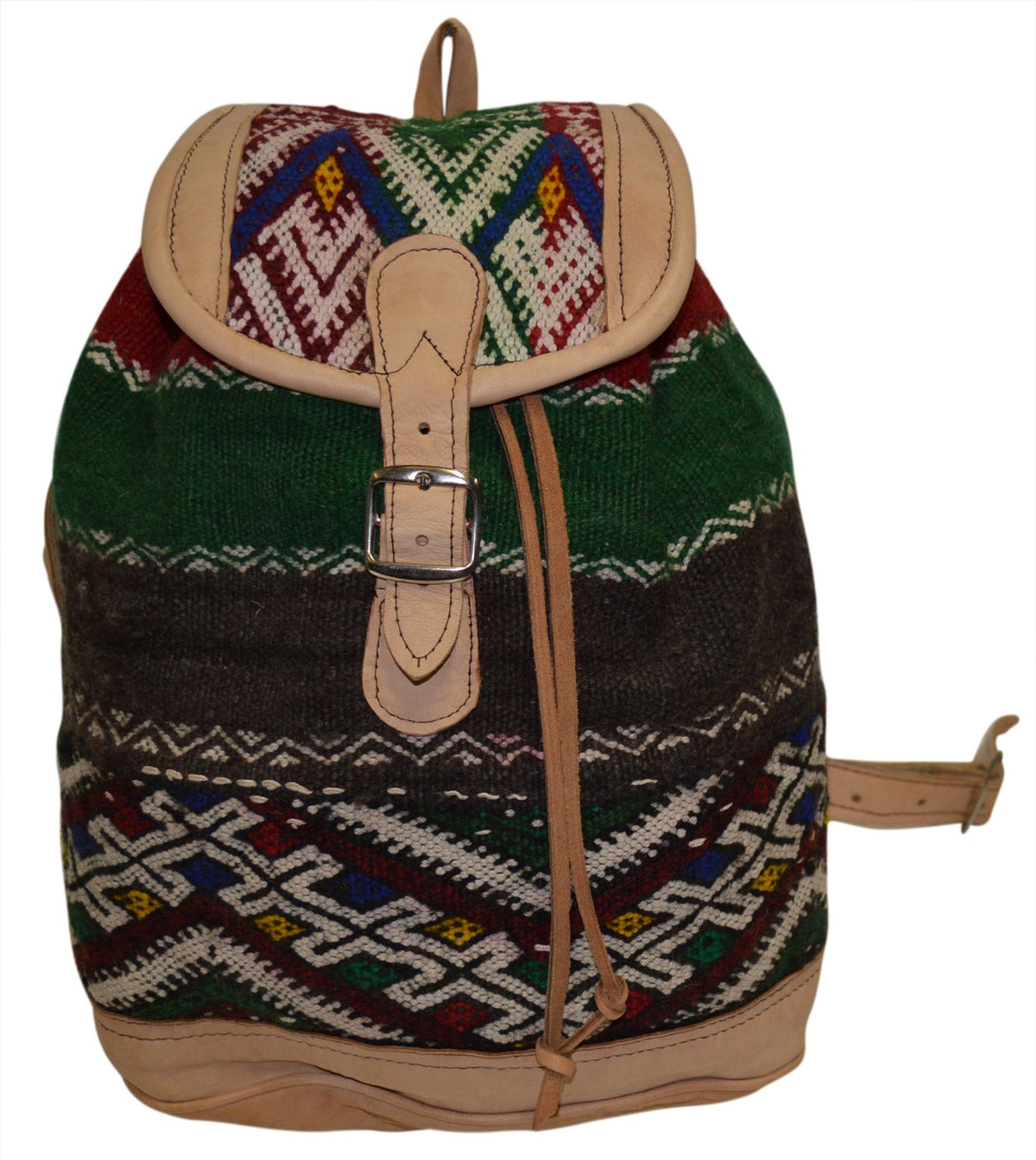 Moroccan Kilim Leather Backpack Beige with Green Kilim