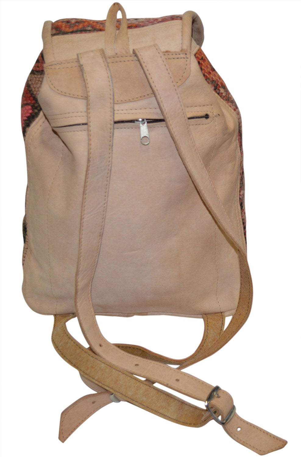 Moroccan Kilim Leather Backpack Beige with Pink Kilim