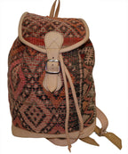 Moroccan Kilim Leather Backpack Beige with Pink Kilim