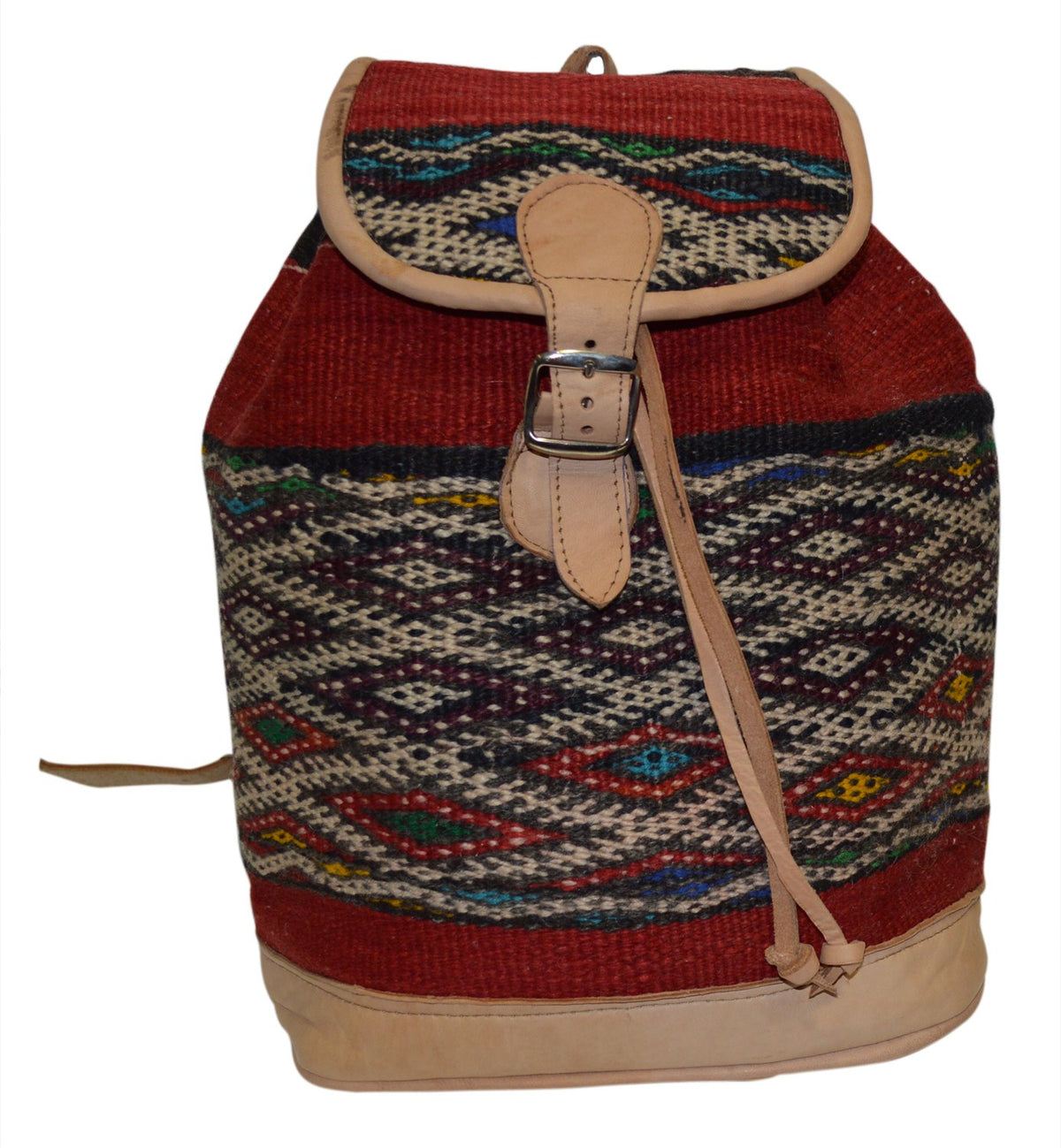 Moroccan Kilim Leather Backpack Beige with Red Kilim