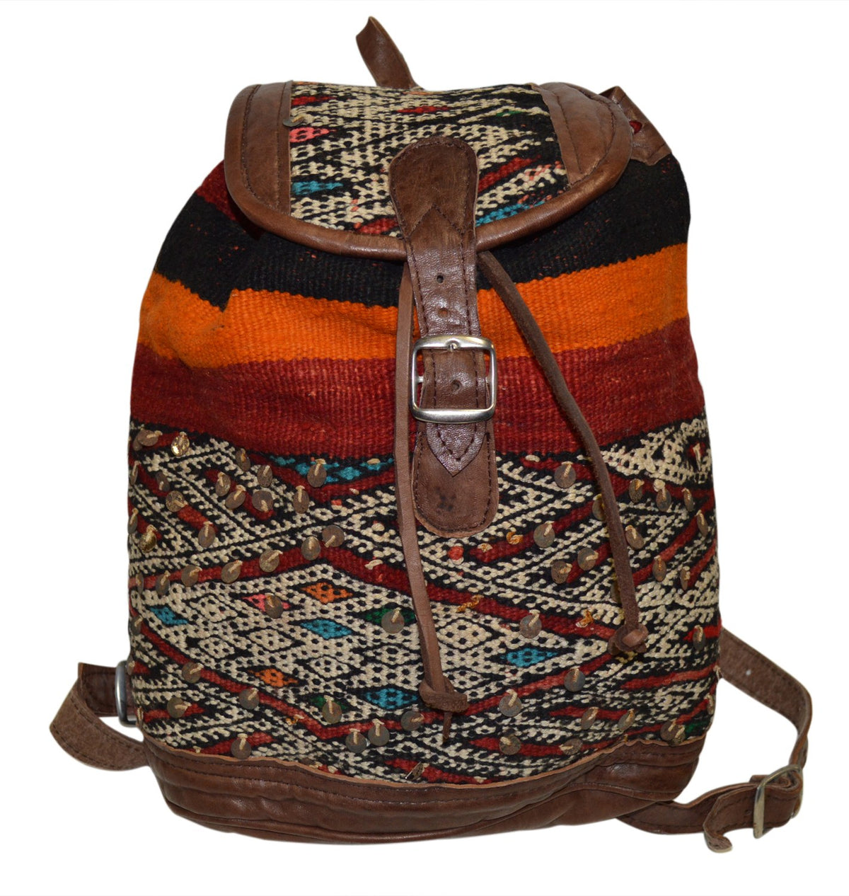 Moroccan Kilim Leather Backpack Brown with Black and Orange Kilim