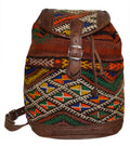 Moroccan Kilim Leather Backpack Brown with Multicolor Kilim