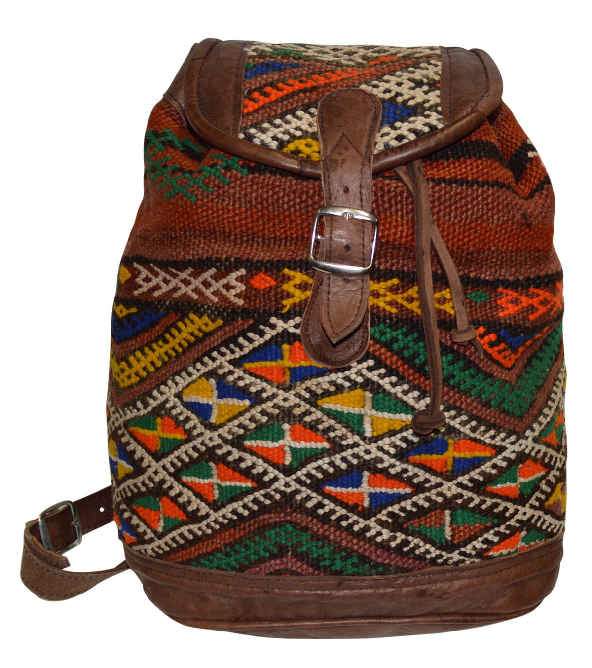 Moroccan Kilim Leather Backpack Brown with Multicolor Kilim